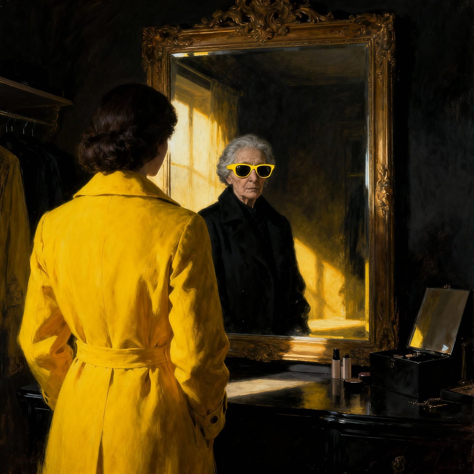 Surreal Mirror Reflection: Yellow Coat Woman Meets Aged Self