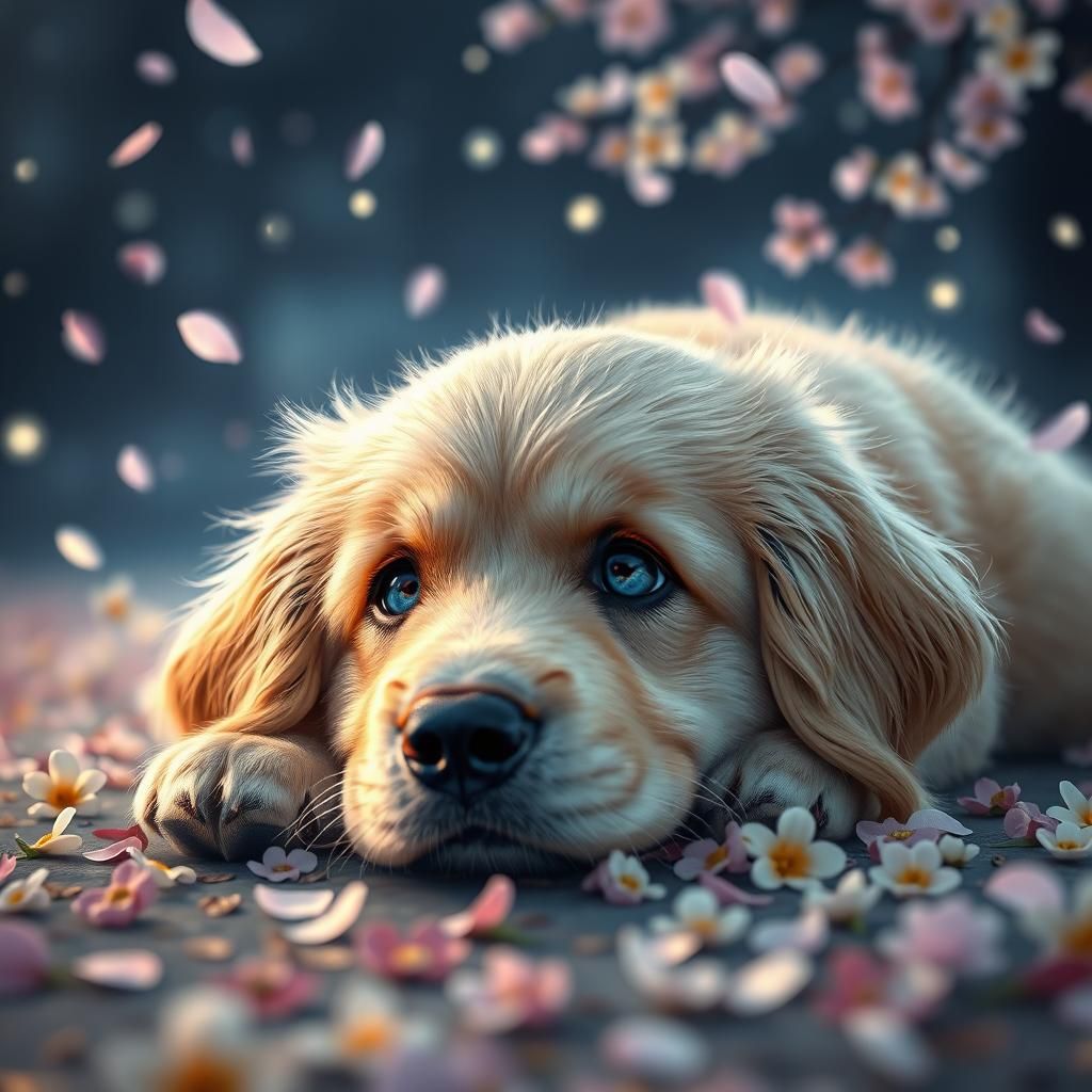Surreal Golden Retriever in Enchanted Garden Scene