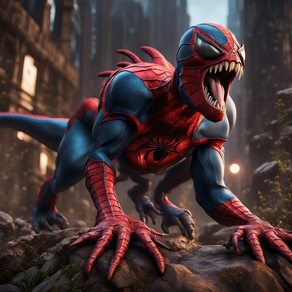 Dino Spiderman in Fantasy Landscape