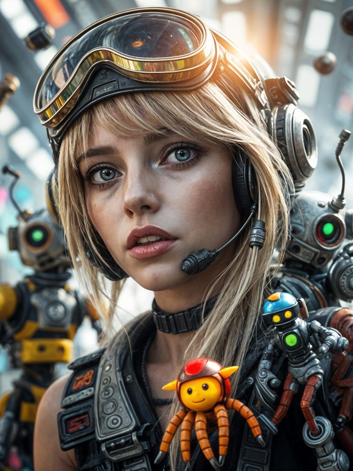 Cyberpunk Woman with Robots in Futuristic Collage