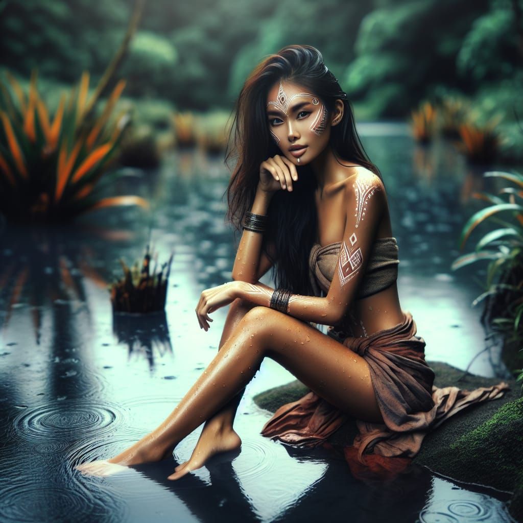 South Asian Beauty in Tribal Attire, Lagoon Reflections