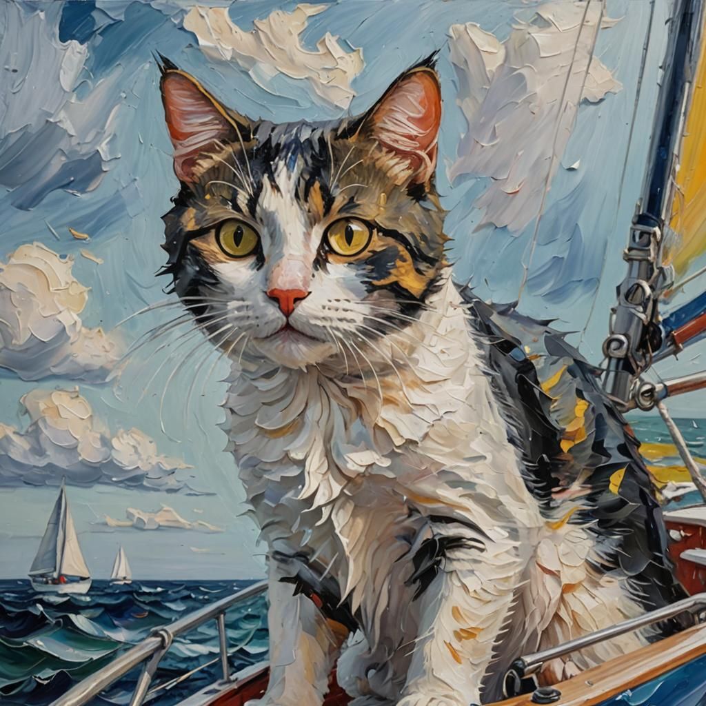 Cat Person Sails Across Turbulent Skies in Neo-Impressionist...