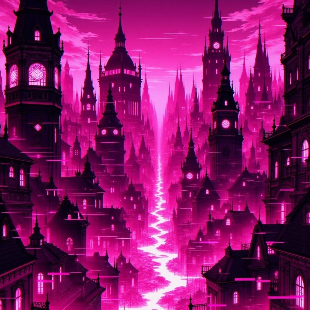 Vibrant Hot Pink Metropolis at Sunset in GLiMORiA Style