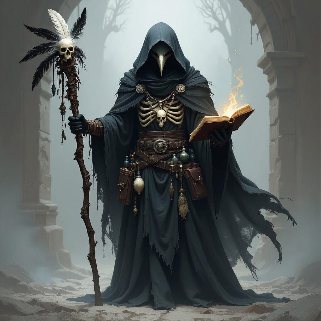Kenku Mage with Bone Staff and Grimoire in Dark Fantasy Styl...