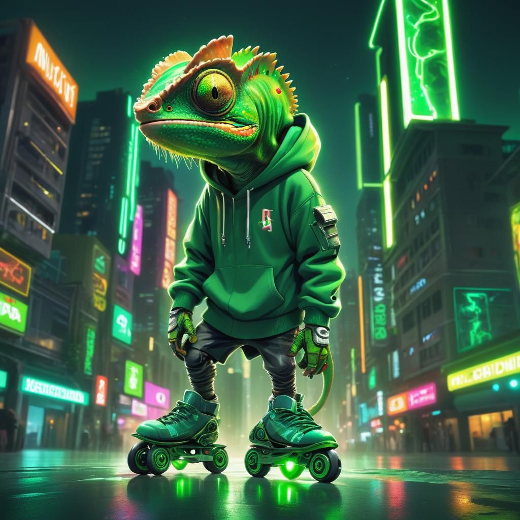 Chameleon in Neon Emerald City