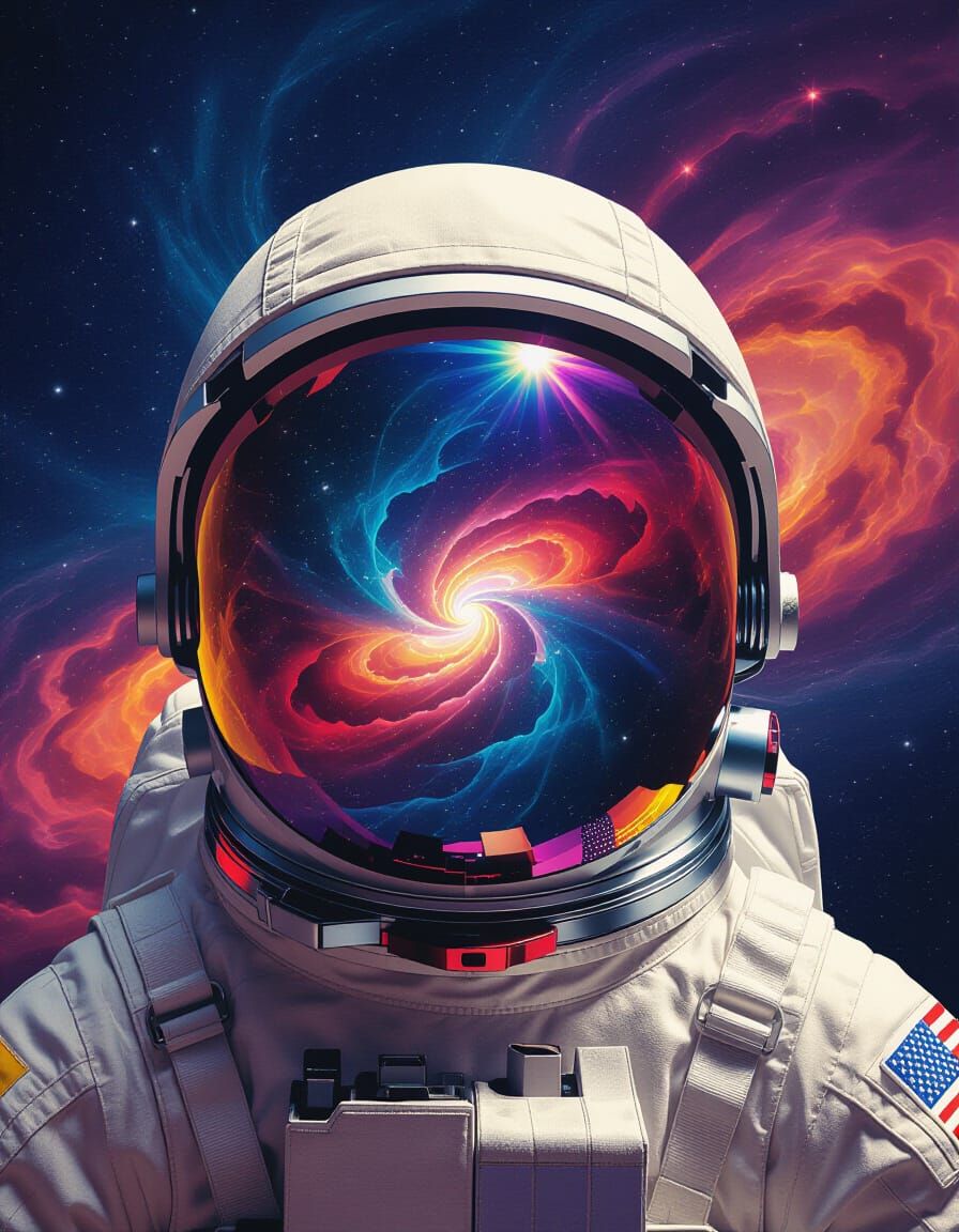 Astronaut Helmet Reflecting a Kaleidoscopic Nebula