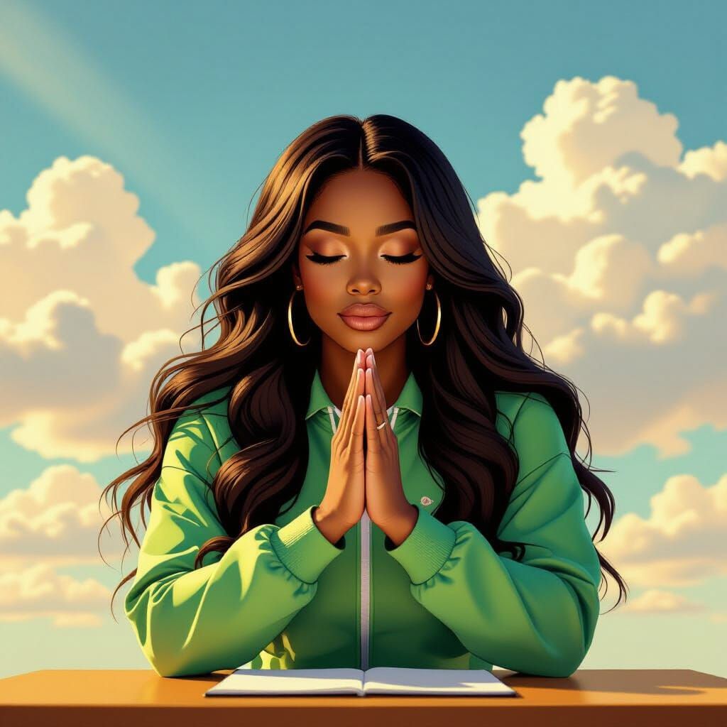Black Woman Praying in Sunny Sky, Contemporary Art Style
