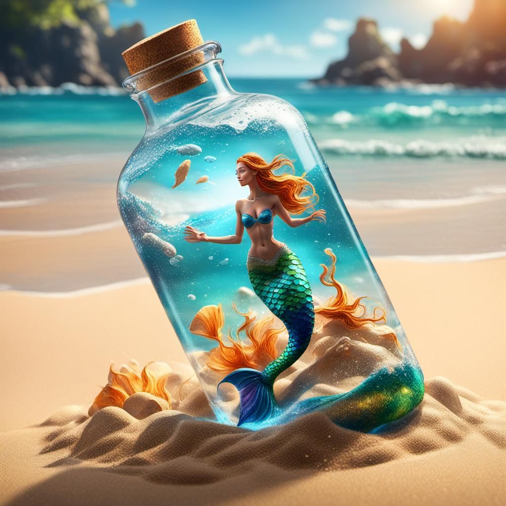 Gorgeous Mermaid in a Glass Bottle, Surrounded by a Colorful...