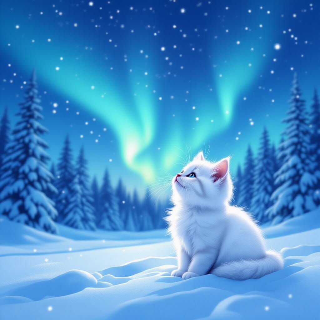 Fluffy Kitten in Snowy Forest Under Northern Lights