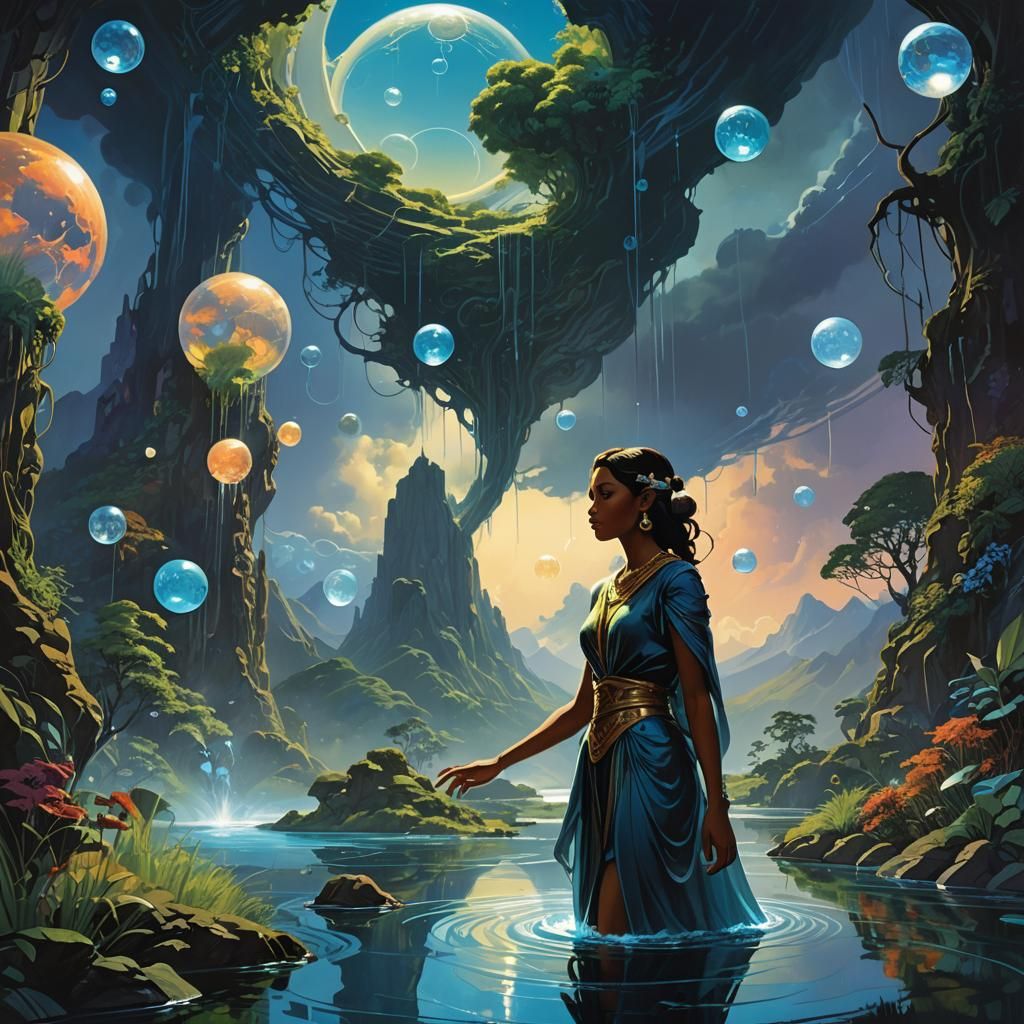 Ethereal Water Goddess Surrounded by Luminous Water Orbs in...