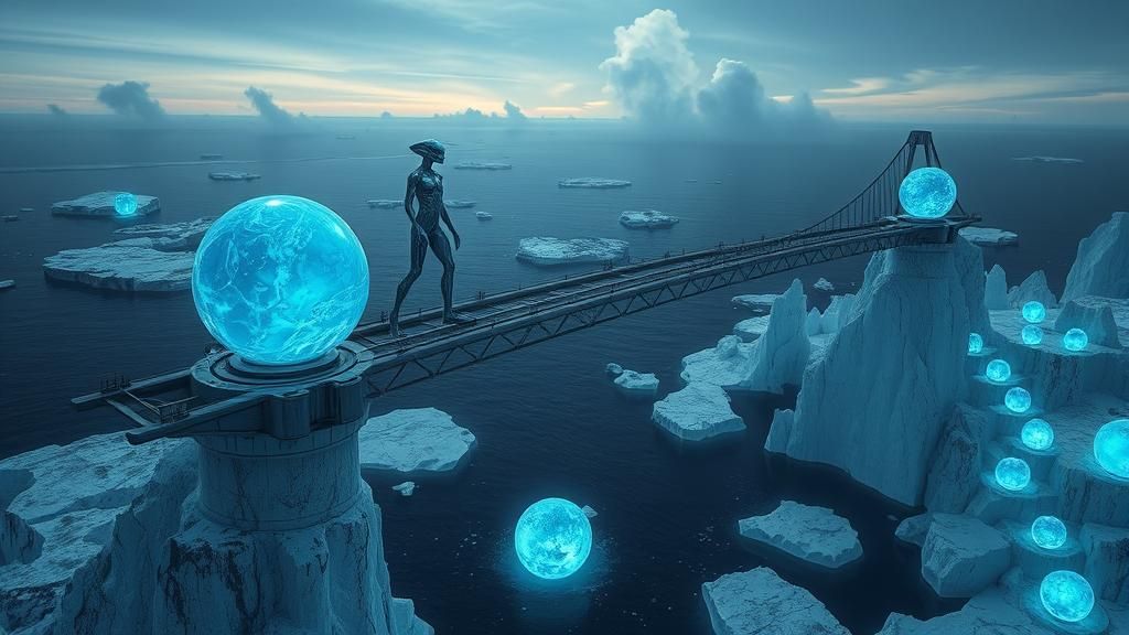 Ethereal Alien Figure Crosses Impossible Escher Bridge in Ar...