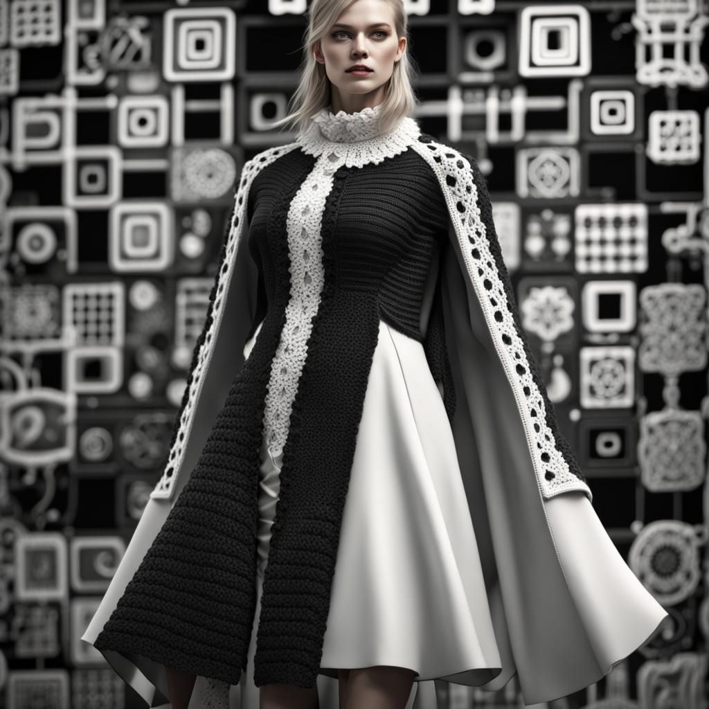 Elegant Knit-Crochet Coat in Black and White with Intricate....