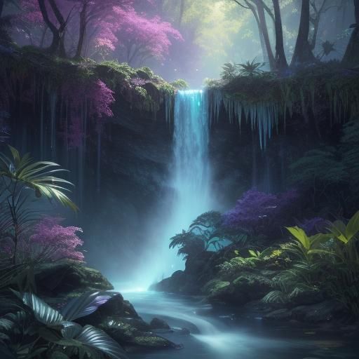 Ethereal Fantasy Being at Iridescent Waterfall