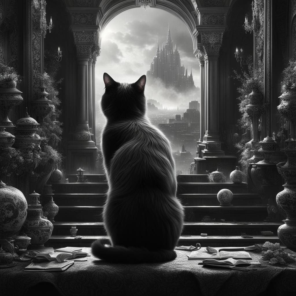 Epic Black and White Cat in Dramatic Digital Scene