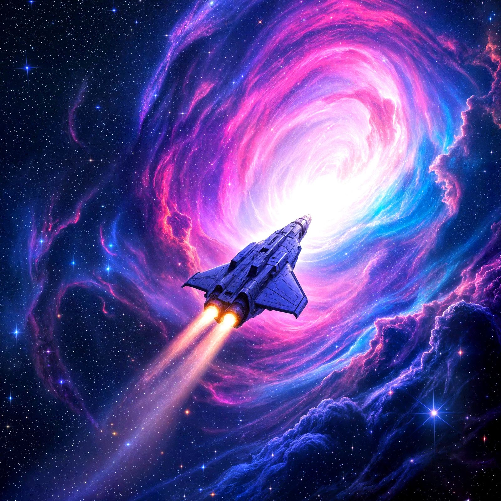 Spaceship Soars Through Swirling Nebula, Ethereal Stardust T...