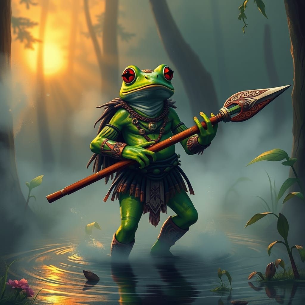 Green Frog Warrior in Tribal Outfit, Standing in Misty Swamp