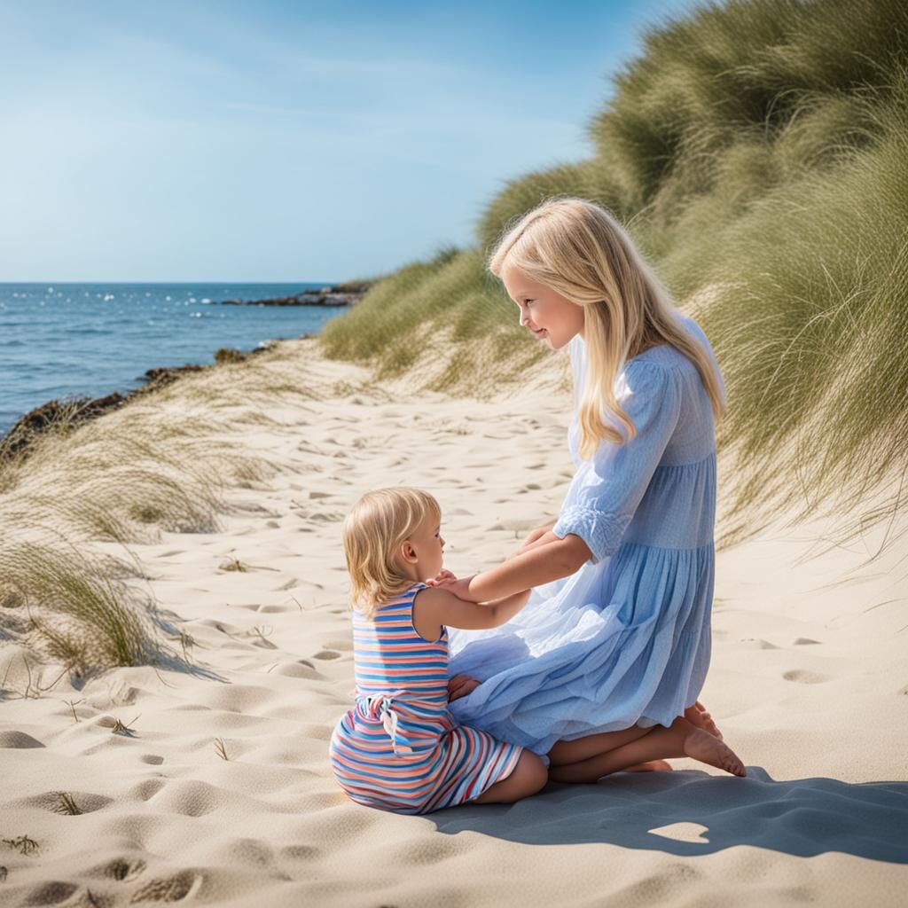 Blonde Mother Holds Child's Hand at Ocean's Edge