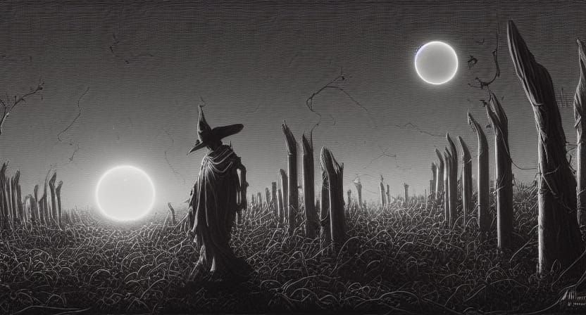 Dark Synthwave Fantasy Landscape with Crypt and Magical Stat...