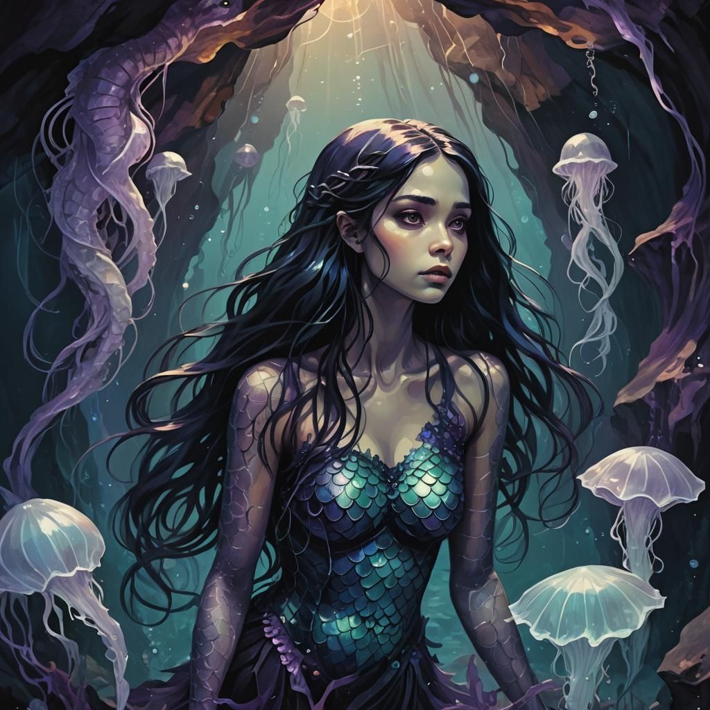Gothic Mermaid in Underwater Cave: Digital Art