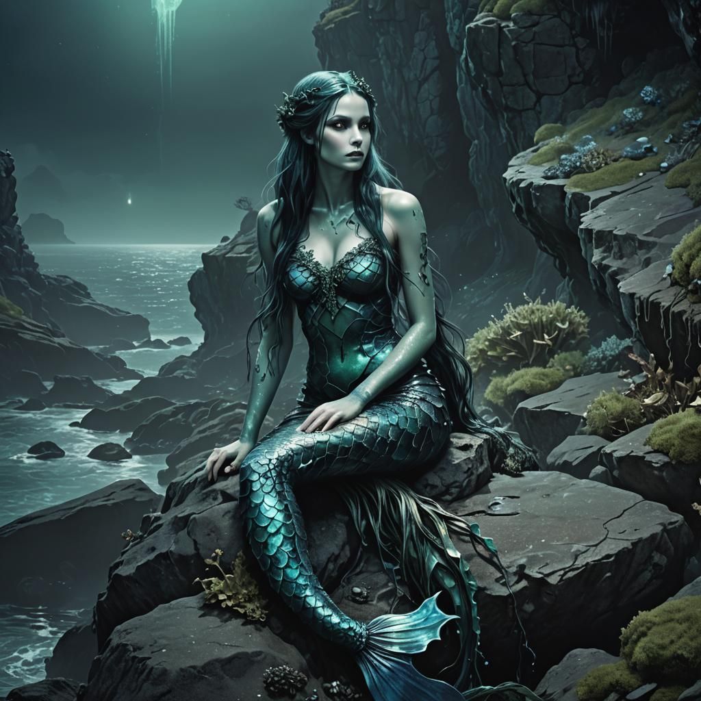 Gothic Mermaid on Rocky Cliff in Digital Art