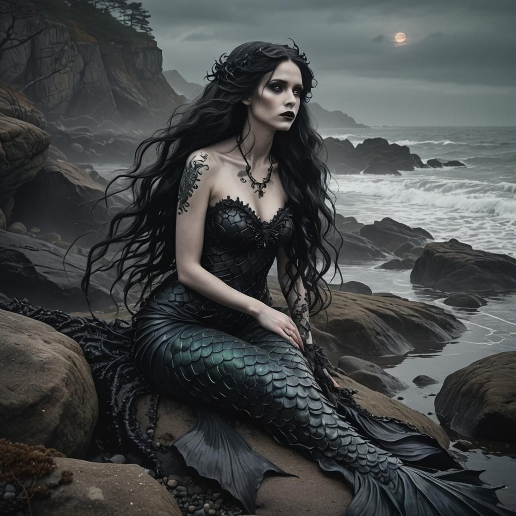 Gothic Mermaid on Rocky Beach in Dark Fantasy Style