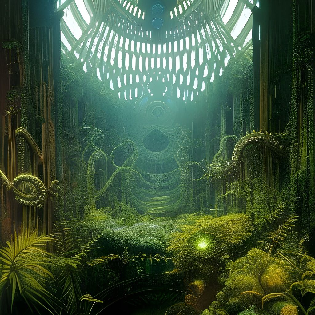 Biomechanical Abandoned Atrium in Cyberpunk Fantasy Style