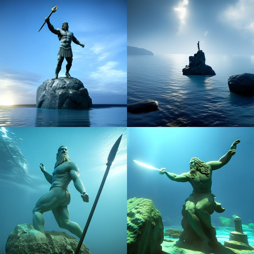 Underwater Odyssey: A Hyperdetailed Poseidon Statue in Cool...