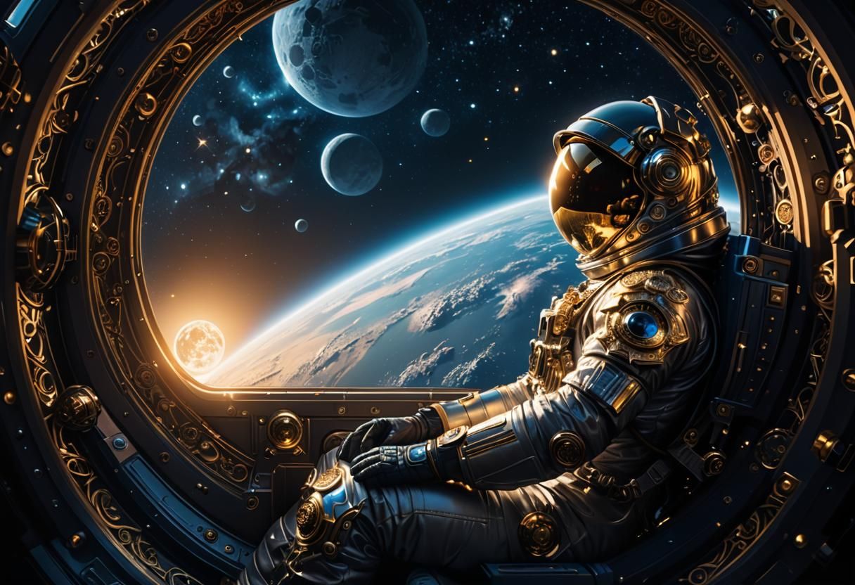 Baroque-Inspired Astronaut in Space Capsule Gazing Down at t...