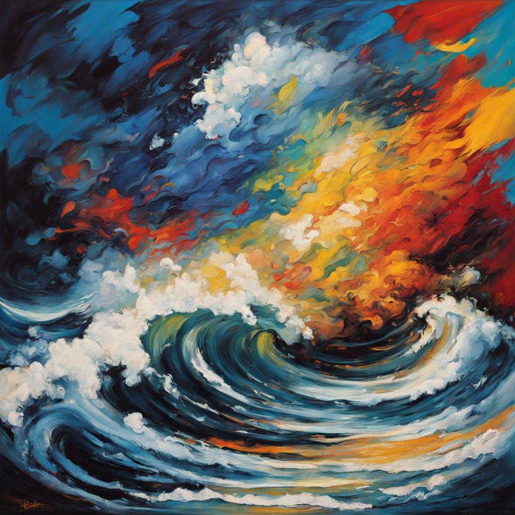 Impasto Oil Painting of Woman Overwhelmed by Colorful Tsunam...