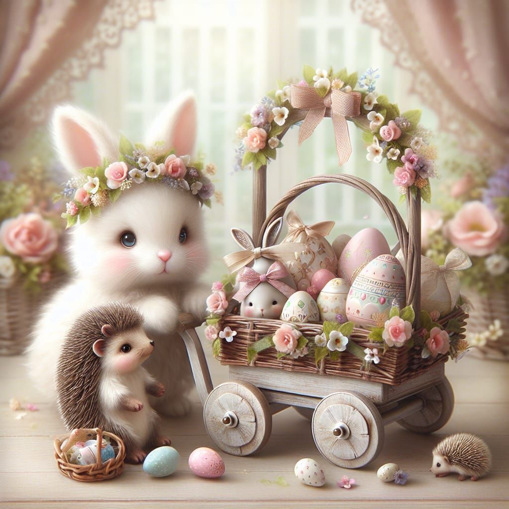 Charming Spring Scene with Fluffy White Bunny and Easter Bas...