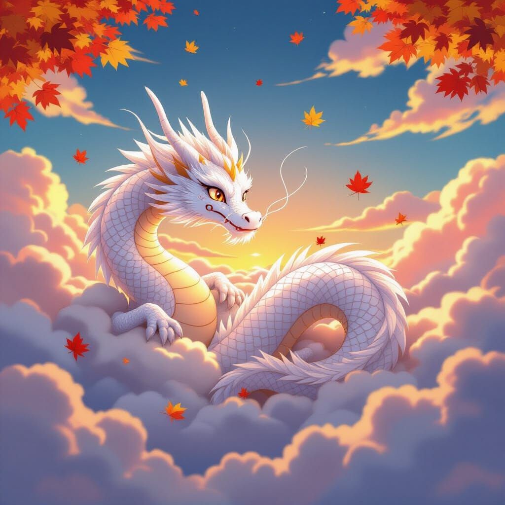 Majestic White Dragon in Autumn Twilight Sky