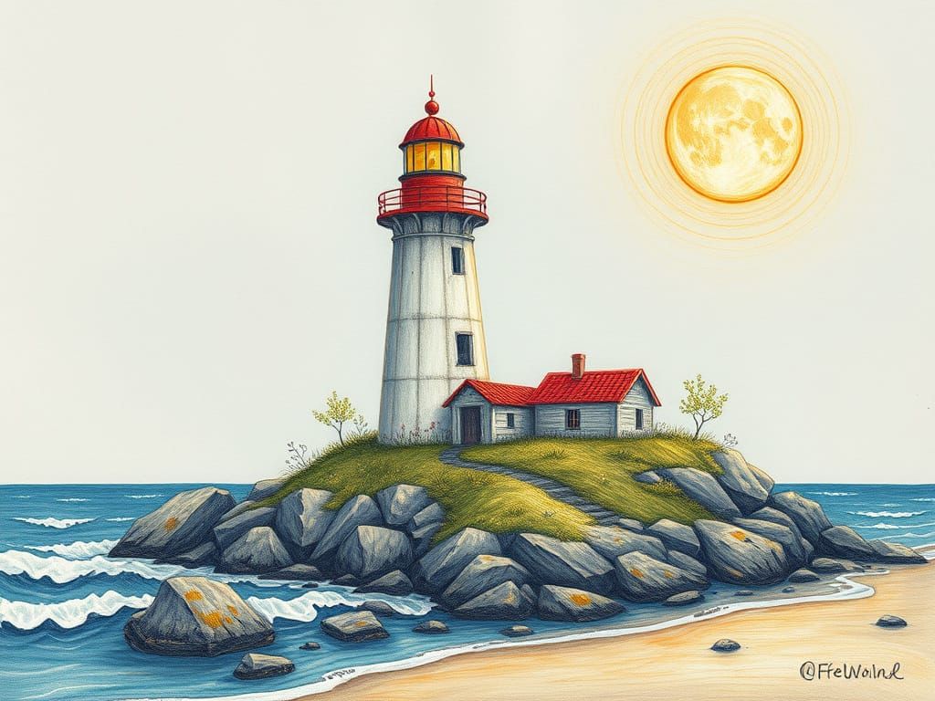 Rustic Lighthouse Illustration in Tove Jansson Style