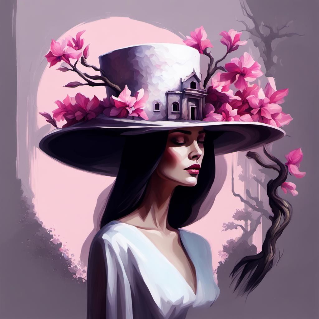 Young Model Adorns Herself with Whimsical Dark Fantasy Hat