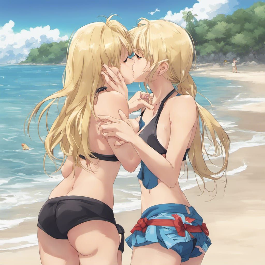 Blonde Goddesses Share Romantic Moment at the Beach in Anime...
