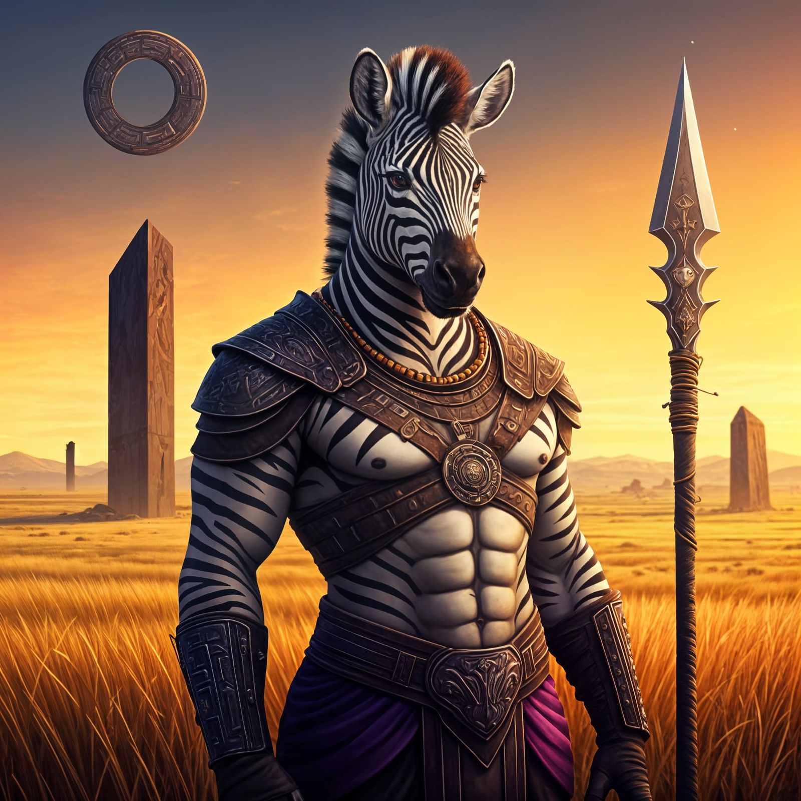 Zebra Warrior in Surreal Futuristic Savanna