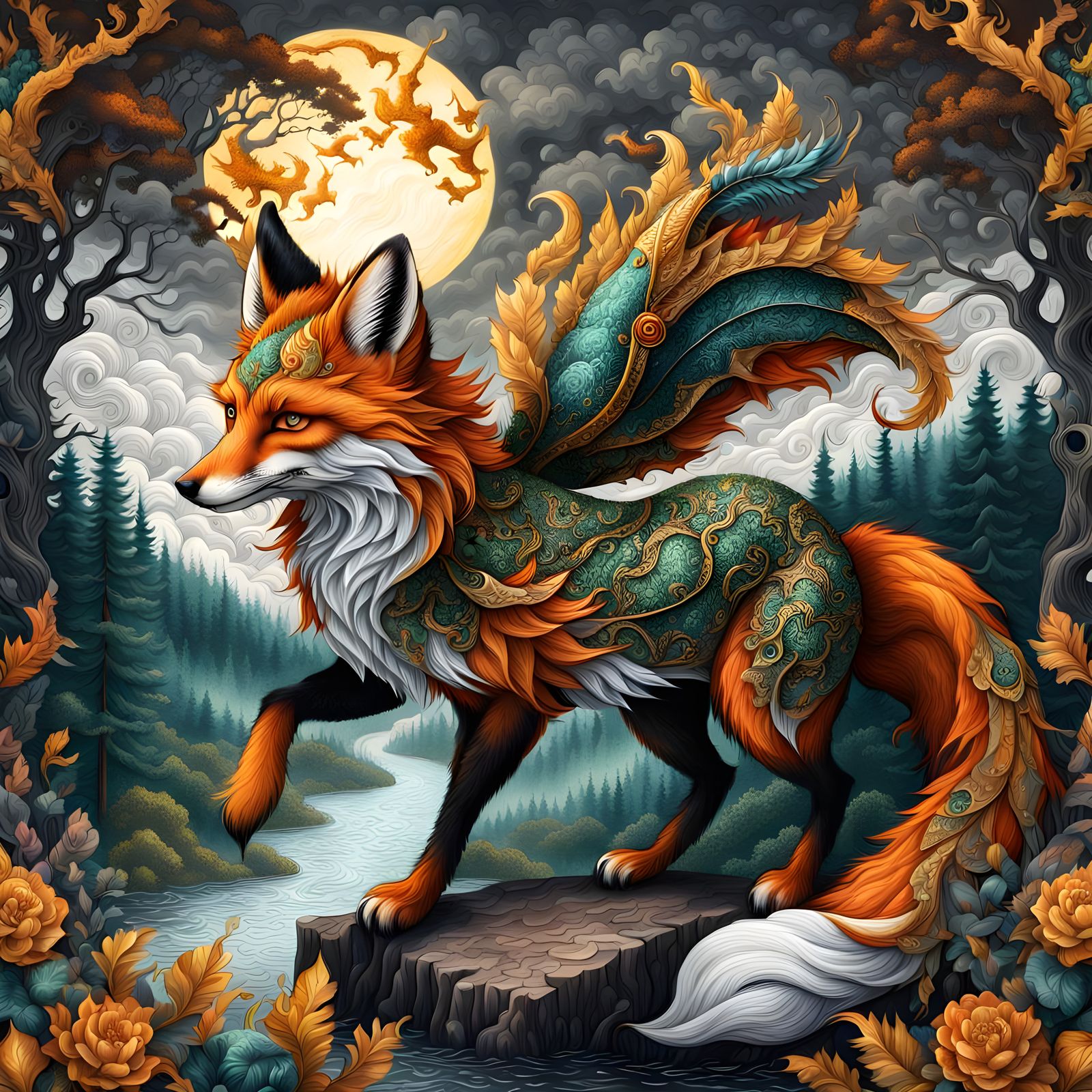 Elegant Fox Dragon Amidst Ancient Forest Glory