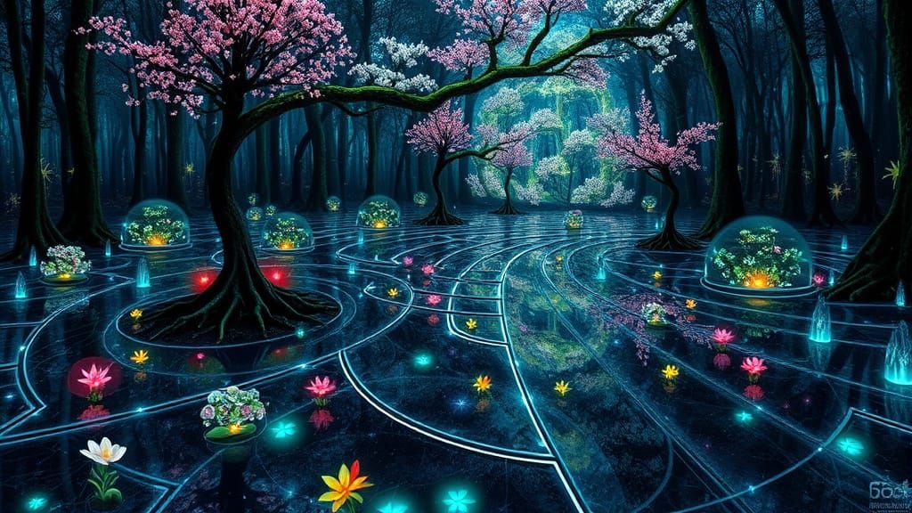 Dreamlike Chrome Labyrinth Reflects Bioluminescent World