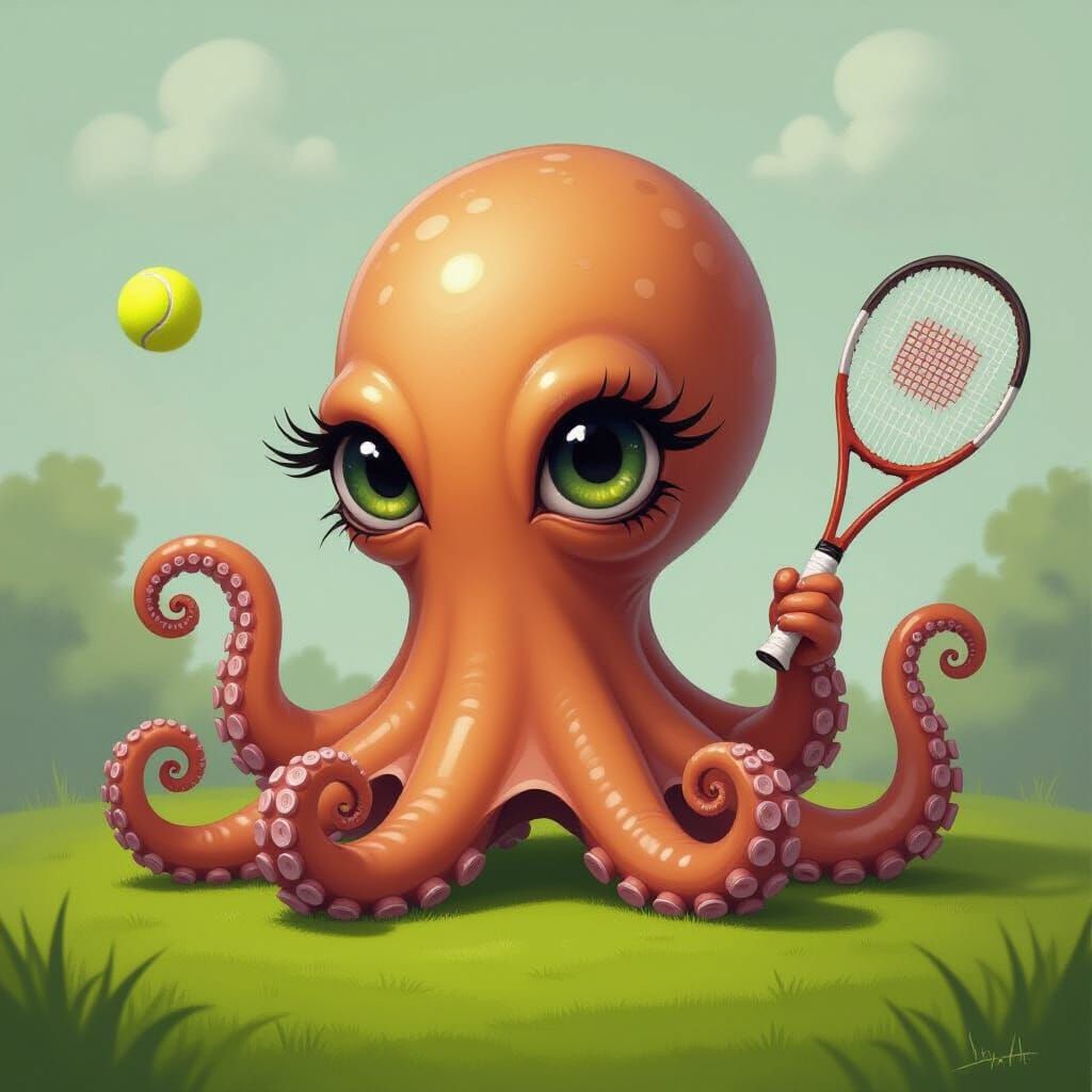 Surreal Octopus Playing Tennis on Green Grass