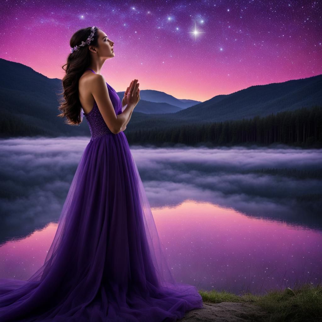Gazing Up at the Starry Violet Night Sky with Awe and Peace