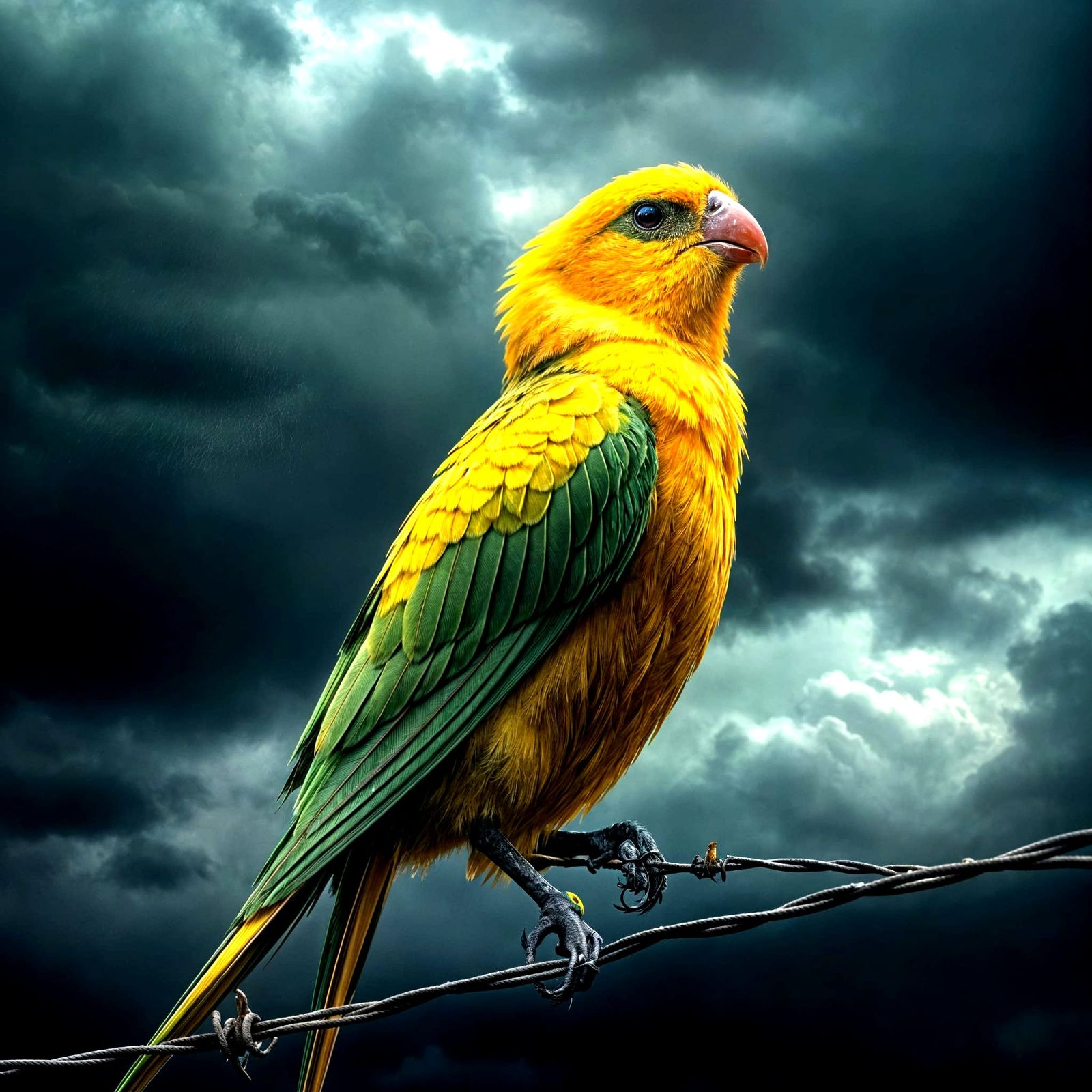 Vibrant Bird in Barbed Wire Cage Under Stormy Sky