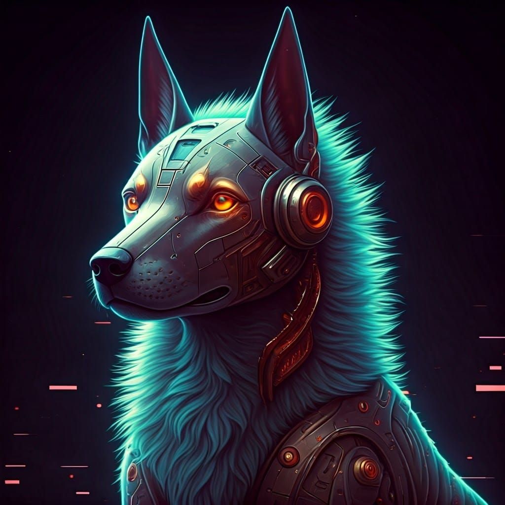 Cybernetic Canine in Neon-Lit Industrial Futurism