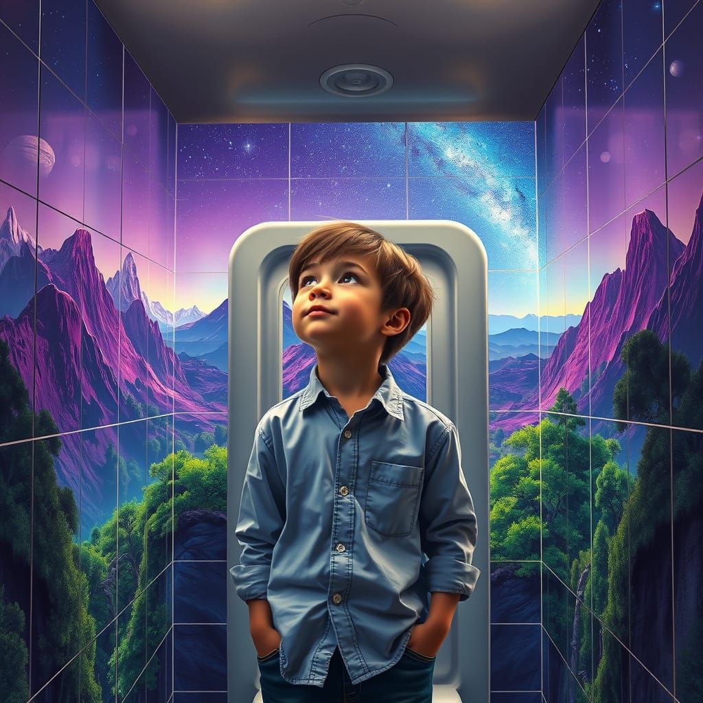 Boy Contemplates Alien Landscape in Roadside Toilet Oasis