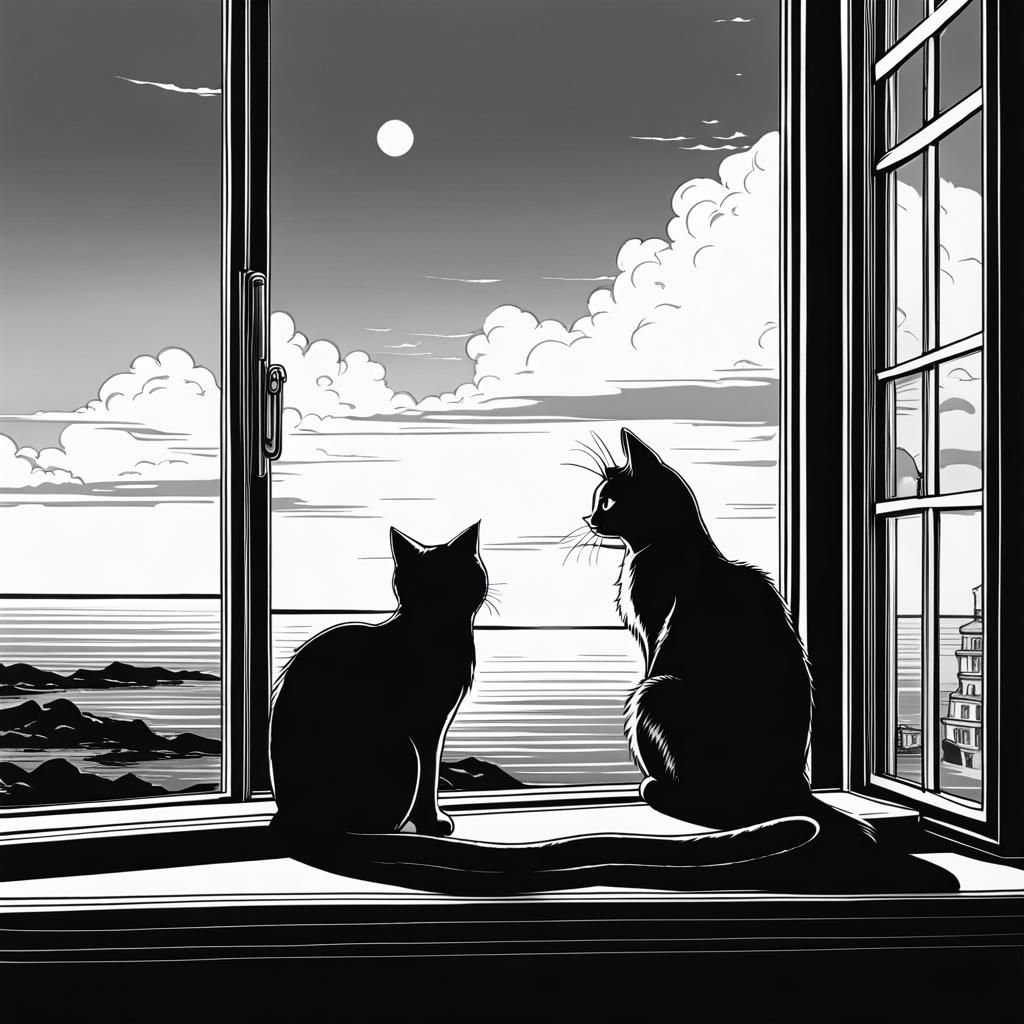 Whiskered Sailor Contemplates Seaside Scenery in Manga Art