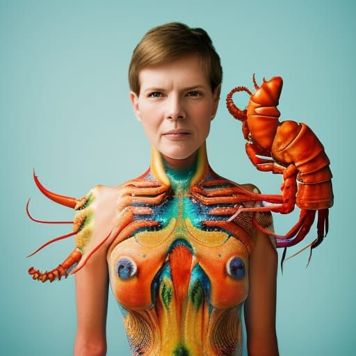 Vibrant Woman in a Rainbow Lobster Dress