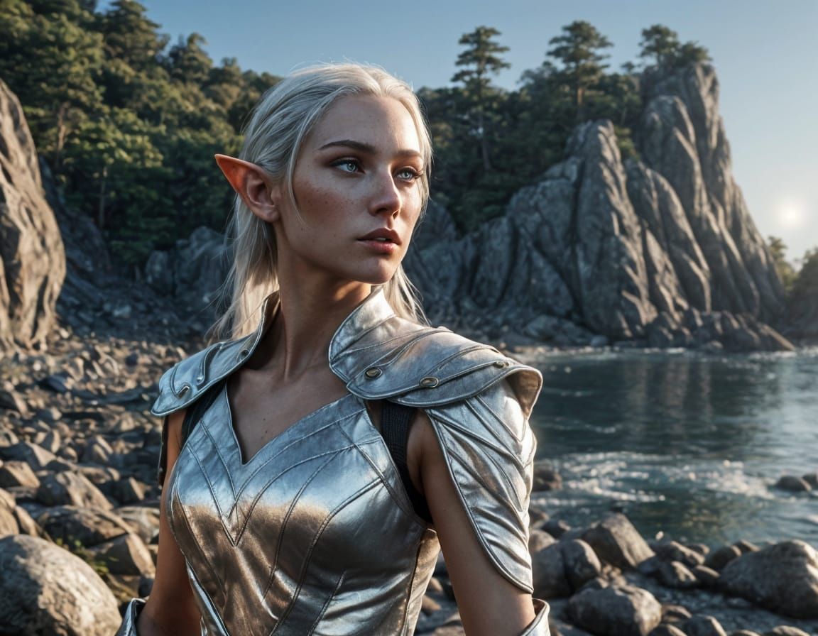 Platinum Elf Overlooking Rocky Beach in 3D Style