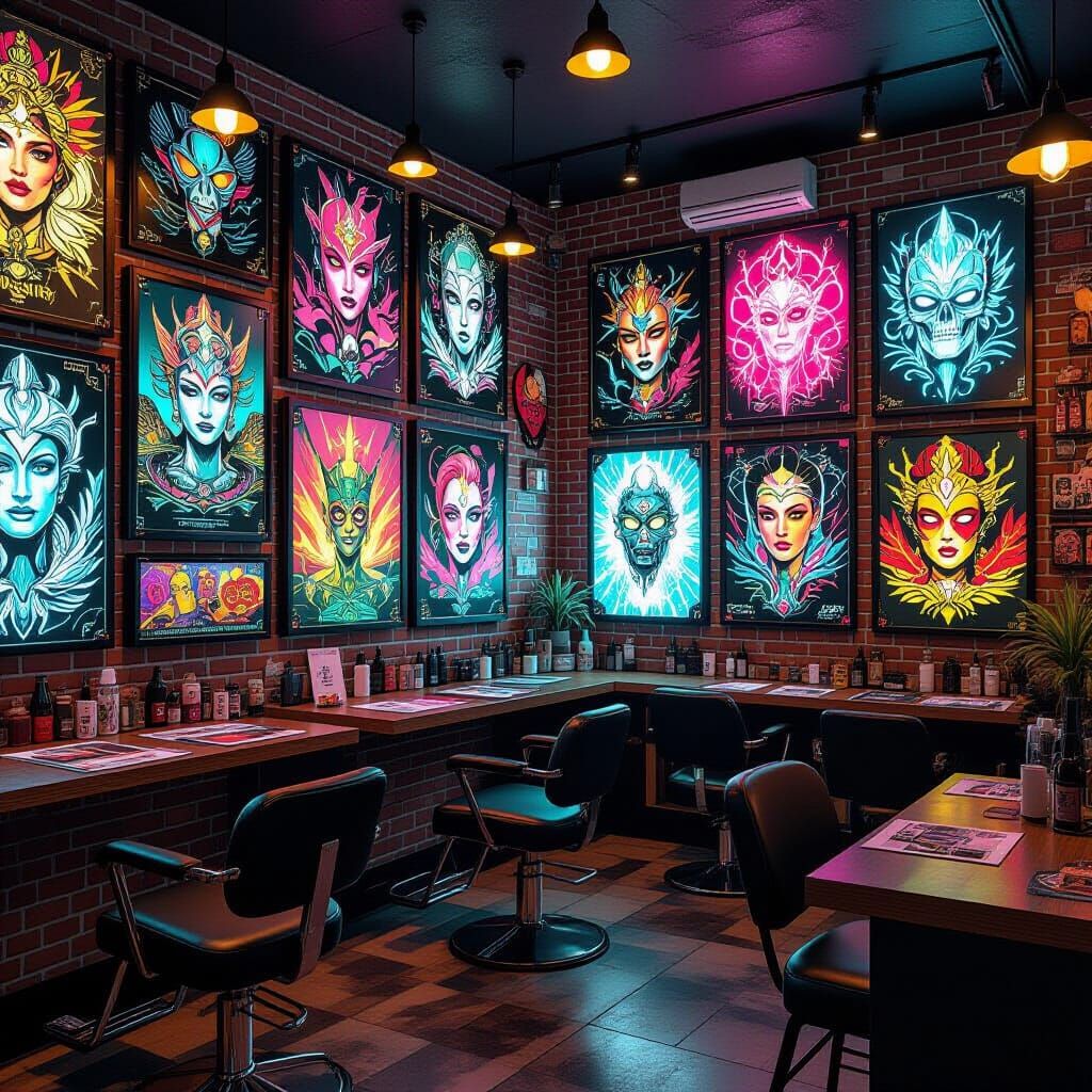 Vivid Flash Art Sheets in Bustling Tattoo Parlour