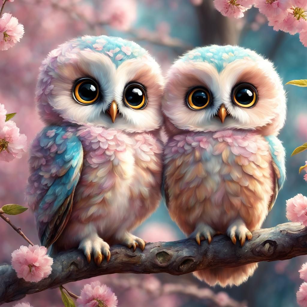 Whimsical Cherry Blossom Haven with Adorable Baby Owls