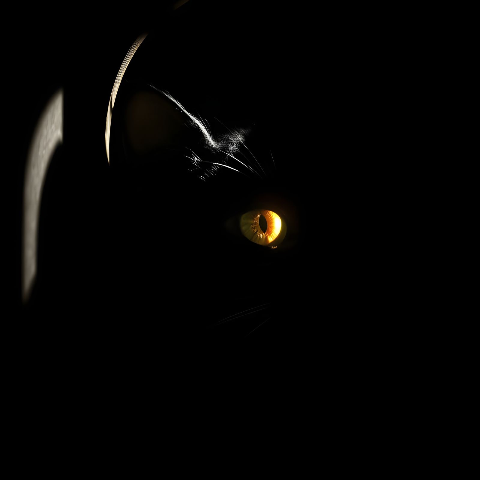 Sunbeam Illuminates Black Cat's Eye in Dark Room