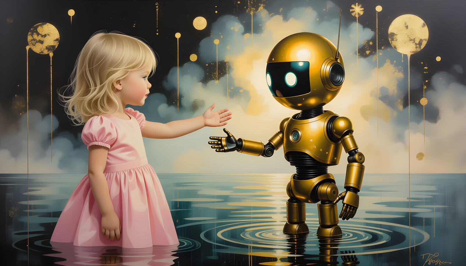 Girl Holds Robot Sphere in Pastel Oil Painting Style