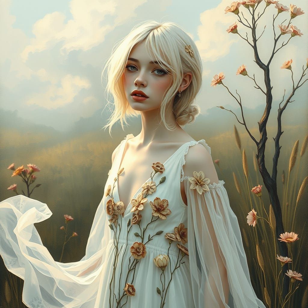 Ethereal Woman in Floral Dress, Digital Art